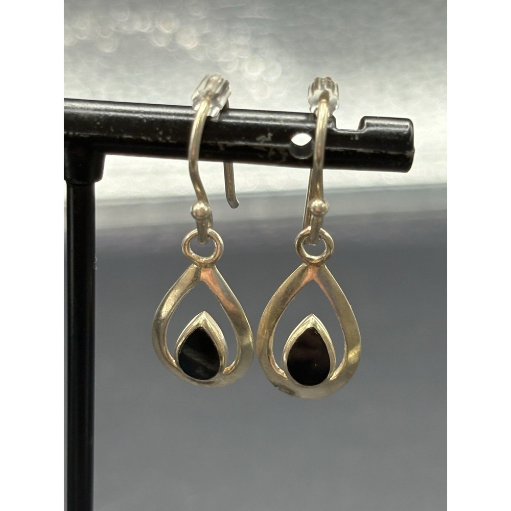 EUC Sterling Silver Onyx Tear Drop Dangle Earrings F1